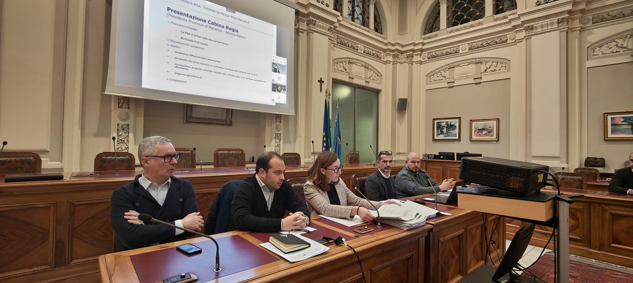 Franco Albertini, Federico Bonini, Monica Patelli, Davide Marenghi e Matteo Re nel corso della seduta della Cabina di regia PSA